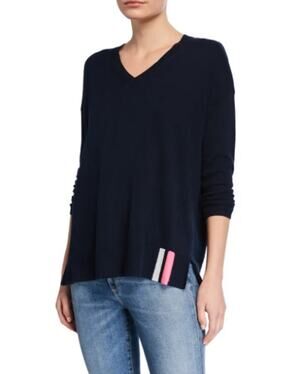 Lisa Todd Patch V-Neck Cotton/Cashmere Sweater Sequin Elbow Patches Navy XS